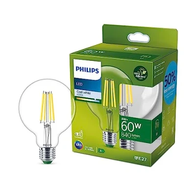 Imagen de Philips Bombilla LED Tipo Globo G95 Eficiente, Casquillo E27 4W, 840 Lúmens, Luz Blanca Fría 4000k, Clase Energetica A