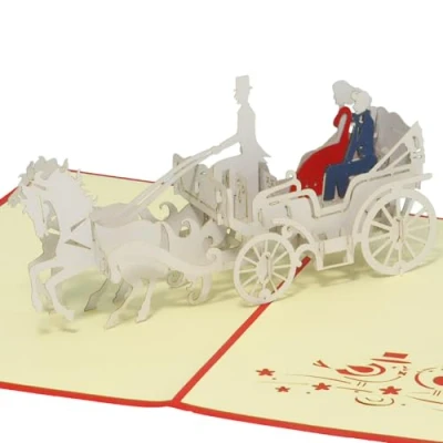 Imagen de Tarjetas de felicitación Lin despegables, para bodas, con ilustración 3D pareja novios en un carruaje