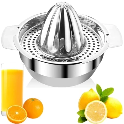 Imagen de Limon Acero Inoxidable 400ml con Recipiente Lavable en Lavavajillas, Esprimidoras Manual para Naranja Limón Lima Cítricos Pomelo, Apto Lavavajillas