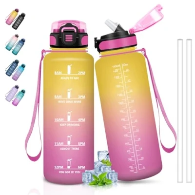 Imagen de Botella Agua Gimnasio, 1.5 litros, con Pajita, Agua, Reutilizable, Marca de Tiempo, Deportiva, para Yoga, Correr, Ciclismo, Senderismo