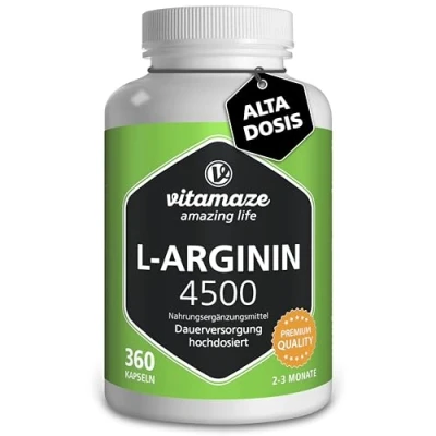 Imagen de Vitamaze® L Arginina 4500 mg Altamente Concentrada, 360 Cápsulas, Adecuado para las Personas Alérgicas, Pura Natural Arginine HCL sin Aditivos Innecesarios, Calidad Alemana