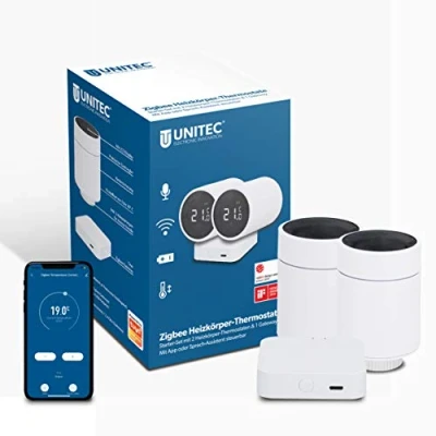 Imagen de Unitec 30945 Smart Termostato inteligente para radiador con pantalla LCD, compatible Amazon Alexa y Hey Google