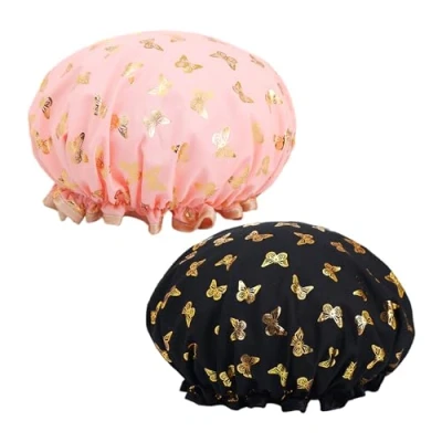Imagen de 2 gorros de ducha doble capa para mujer, impermeables, con banda elástica, reutilizables, adecuados baños y spas (rosa, negro)