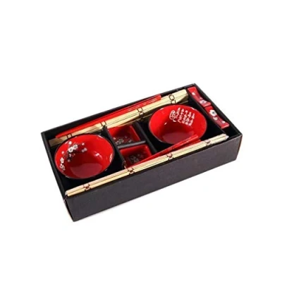 Imagen de lachineuse Juego de arroz tradicional japonés para 2 personas, porcelana, con cuencos, salchichas, palillos y coletas bambú, color negro rojo Vajilla cuencos sopa Regalo Asia China