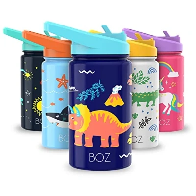 Imagen de BOZ Botella Agua Niños con Pajita Acero Inoxidable 414 ml, Térmica Aislamiento Doble Pared Sin BPA, Isotérmica Antiderrame Asa Apta Lavavajillas (Dinosaurio)