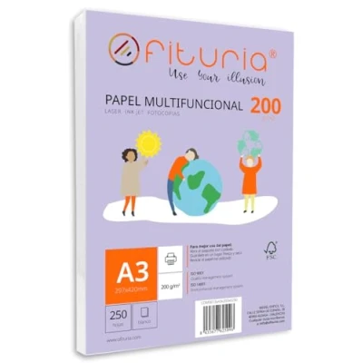 Imagen de Paquete de folios A3 200gr con 250 Hojas Blancas, Papel Multifuncional para Uso Escolar y Entornos Laborales. Ideal impresoras láser, inyección o fotocopiadoras Ofituria