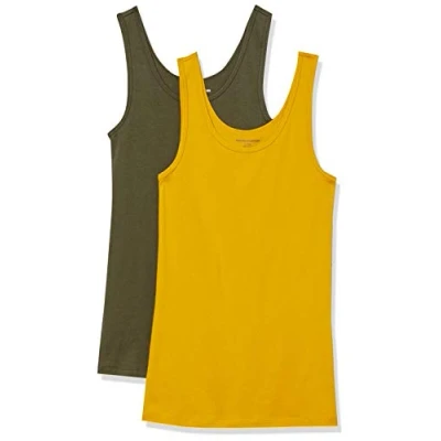 Imagen de Amazon Essentials Camiseta Ajustada sin Mangas Mujer, Pack de 2, Dorado/Verde Oliva Oscuro, XXL