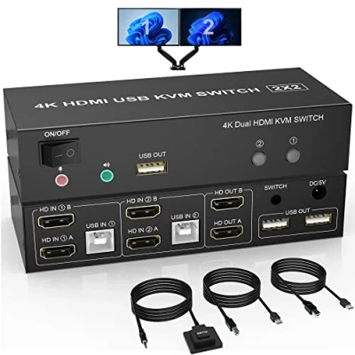 Imagen de Conmutador KVM HDMI de dos monitores, 2 puertos, 4K a 60 Hz en salidas con salida micrófono audio y 3 puertos USB, ratón, teclado monitor PC