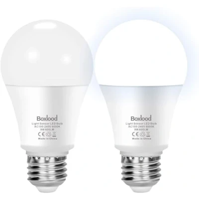 Imagen de Boxlood Bombillas Sensor Crepuscular, LED Sensor, 9W E27 Auto Encendido/Apagado, Lámpara de Lluminación Exterior/Interior, Para Camino Jardín Pasillo, Blanco Frío 6000K, 2 Unidades