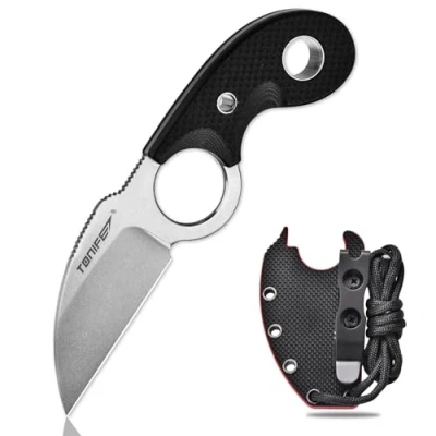Imagen de TONIFE Crescent Cuchillo de Cuello al Aire Libre Hoja Fija 8Cr14MoV Acero con Funda Cordón y el Clip Full Tang Supervivencia (Negro+Lavado Piedra)