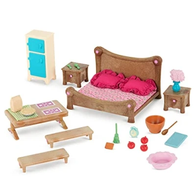 Imagen de Li&#039;l Woodzeez Juego Principal de Dormitorio y Comedor, Muebles en Miniatura Accesorios Cocina, Juguetes 26 Piezas con Cama, Mesa, Nevera más, para niños a Partir 3 años