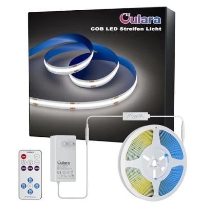 Imagen de OULARA tira led COB Blanco Frio 6000K,6M Regulable 24V de luces con RF Remoto y Alimentación,CRI90+ Flexible Strip para decoración del hogar,Función Temporizador