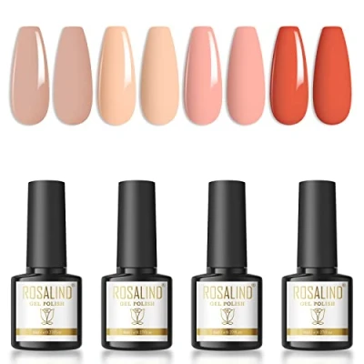Imagen de ROSALIND Esmaltes Semipermanentes Para Uñas Nude Rosa Rojo Desnudo 8ml Pintauñas Gel Permanentes UV LED Nail Polish 4pcs