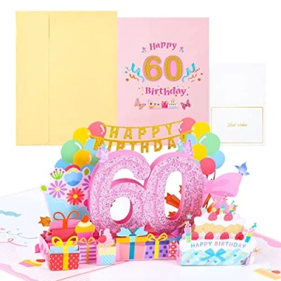 Imagen de joyoldelf 60. tarjeta de cumpleaños, felicitación desplegable, 3D, tarjetas cumpleaños con sobre para mujeres, madres
