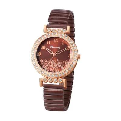 Imagen de JewelryWe Reloj Correa Elástica Mujer: de Cuarzo Analógico Redondo con Circonita Marron para Señora Escala Números Arábigos Acero Inoxidable Extensible Ocio Negocios Regalo