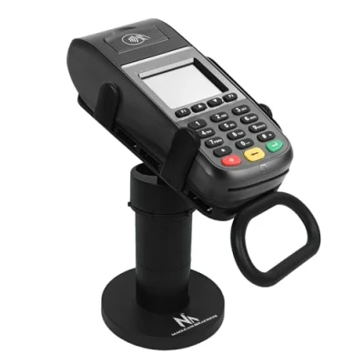 Imagen de Maclean MC 819 Soporte de Terminal Tarjeta para Dispositivos POS Giratorio 90, Ajuste Inclinación +45 a 45, Ancho Ajustable, Gestión Cables Montaje Mesa Terminales EC