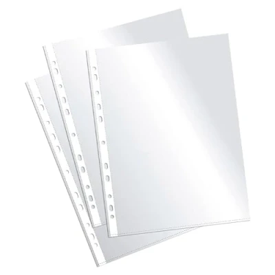 Imagen de Plus Office fundas multitaladro de polipropileno 100% reciclable, para documentos gran apertura, lomo reforzado. 250 unidades. (Transparente Cristal, Folio 60 micras)