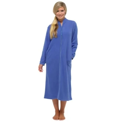 Imagen de Slumber Hut Albornoz de forro polar suave con cremallera y ribete satén para mujer, cremallera, talla 36 51, Azul (sin cuello), 50 52