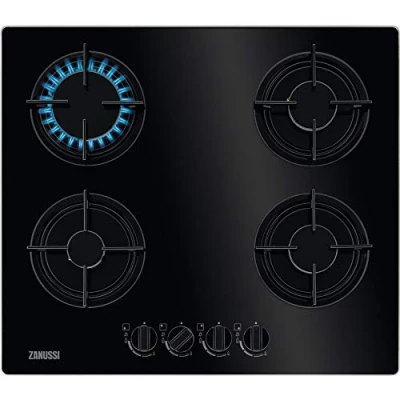 Imagen de Zanussi ZGO65414BA Placa de gas, Gas on Glass, 4 fuegos, Mandos Frontales Giratorios, Entendido electrónico, Parrillas esmaltadas, Termopar Seguridad, Negro, 60 cm