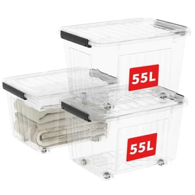 Imagen de Cetomo 55L*3 Cajas de Almacenamiento con Tapas, Contenedores Plástico Ruedas, Clip On, Apilables, Encajables, Organizador Rayado para Oficina en Casa, Transparente, 55L 3 Pack