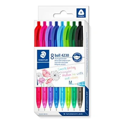 Imagen de STAEDTLER Bolígrafo retráctil triangular, cuerpo en el color de la tinta, ancho línea M aproximadamente 1 mm, para una escritura relajada, 8 bolígrafos, estuche cartón