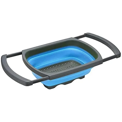 Imagen de Alnicov colador plegable de silicona, sobre el fregadero, coladores verduras y frutas con asas extensibles para pasta, verduras, frutas, color azul