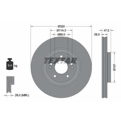 Imagen de TEXTAR 92306303 Disco de freno 320 28 05/07 114,3 ventilación interna revestido sin perno sujeción rueda, buje rueda HYUNDAI: Tucson