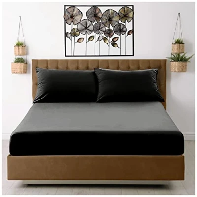 Imagen de sábana Bajera Ajustable de Microfibra para Cama Matrimonio, Color Liso, Negra
