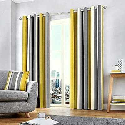 Imagen de Fusion Whitworth Stripe Dos Paneles de Cortina, 100%, Forro: 52% poliéster y 48% algodón, Ocre, Curtains: 90&quot; Width x 72&quot; Drop (229 183cm)