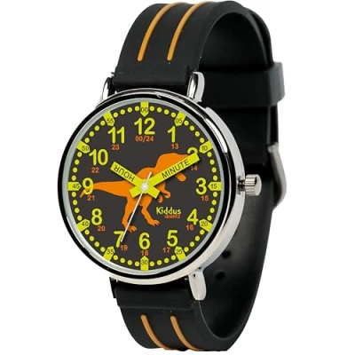 Imagen de Kiddus Reloj Educativo para niño, Chica, Chico. de Pulsera, analógico. Time Teacher fácil Leer Aprender la Hora. Ejercicios incluídos. Dino Black &amp; Orange. Handles in English