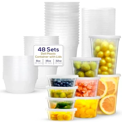 Imagen de Supreme Deli Contenedores de almacenamiento plástico con tapas 8 onzas, 16 32 onzas [16 juegos cada uno 48 paquetes combinados] Recipientes reutilizables para alimentos Apto