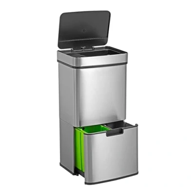 Imagen de WELL HOME Papelera de reciclaje 67L (42L+25L), cubo basura con 2 compartimentos, apertura automática sensor, en acero inoxidable, cromado