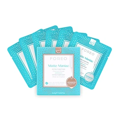 Imagen de FOREO Máscara facial Matte Maniac Advanced Collection 2.0 UFO Activated, Hidratante facial, Belleza Hamamelis y carbón, Para todo tipo de Piel con manchas, grasa, 6 unidades