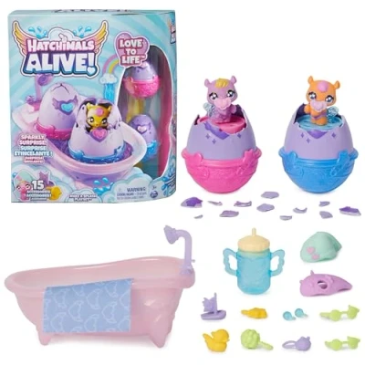 Imagen de HATCHIMALS Escenario Alive, Make a Splash con 15 Accesorios, bañera, 2 Minifiguras Que cambian de Color en Huevos se rompen Solos, Juguetes para niñas y niños