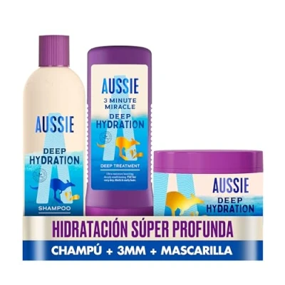 Imagen de Aussie PACK ESPECIAL: Hidratación Profunda: Champú Vegano 300 ml + Mascarilla Capilar 450 3 Minute Miracle, Tratamiento 225