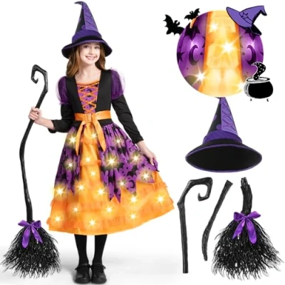 Imagen de Spooktacular Creations Disfraz de bruja naranja y negro iluminado para niñas 3 a 10 años, brujas fiesta con falda sombrero iluminados