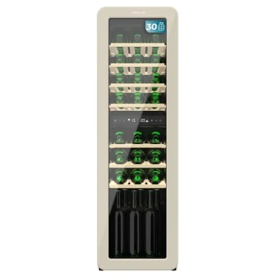 Imagen de Cecotec Vinoteca 30 Botellas Retro Bolero Grandsommelier Origin Duo Hit Beige. Acabado En Negro Con 2 Zonas De Temp. (5 12ºC, 12 20ºC), Control Led, NoFrost, Estantes Madera, Luz Interior