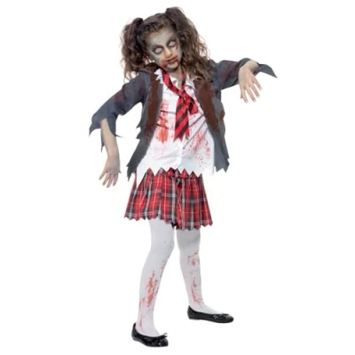 Imagen de Smiffys Disfraz de colegiala zombi, Gris, con falda, chaqueta, falsa camisa y corbata