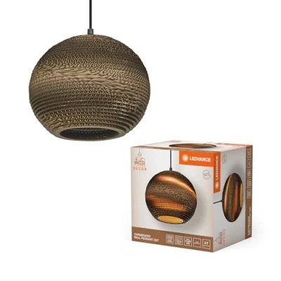Imagen de LEDVANCE Decor Cardboard Ball marrón de cartón ondulado, ligera, E27, 260 mm diámetro, pantalla material reciclado, sostenible gracias a una fuente luz reemplazable, fácil instalar
