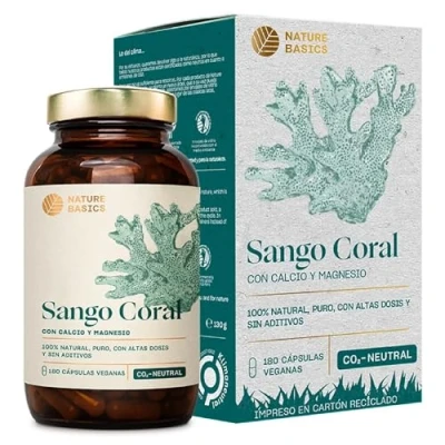 Imagen de Nature Basics® Sango Coral en tarro 180 cápsulas veganas suministro para 2 meses 3.300mg de polvo Coral, incluyendo 660mg calcio y 330mg magnesio por dosis diaria