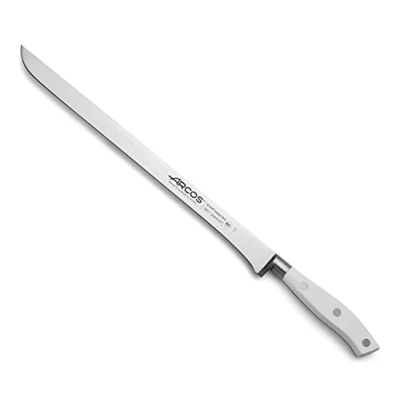 Imagen de Arcos Cuchillo Trinchar/Jamonero Forjado con Hoja Acero Inoxidable y 300 mm. Mango Ergonómico Polioximetileno POM. Serie Riviera Blanc. delgada un Borde Suave característico. Color Blanco.