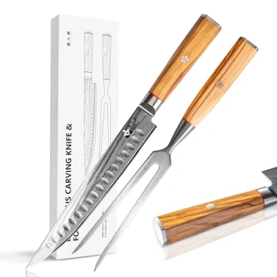 Imagen de FUJUNI Set de Cuchillos para Trinchar 2 Piezas, Cuchillo Rebanador 22,5cm y Tenedor, Carne Acero Damasco 67 Capas, Núcleo Corte VG10 con Mango Madera Olivo