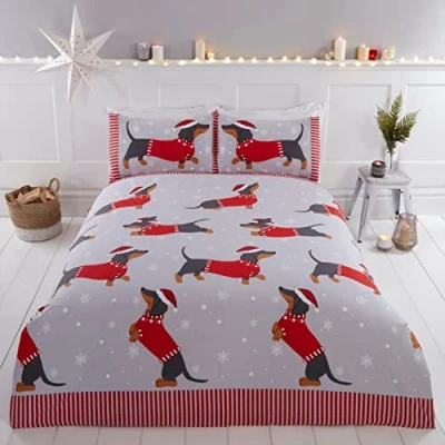 Imagen de Rapport Home Dachshund Through The Snow Juego de Funda edredón para Cama Doble, 3 Piezas, Color Rojo