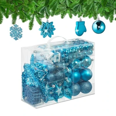 Imagen de Relaxdays Set 100 Bolas Árbol Navidad, Bolitas Navideñas Brillantes, con Purpurina y Mate, 10 Diseños, Petróleo, 9 x 8,5 2,5 cm