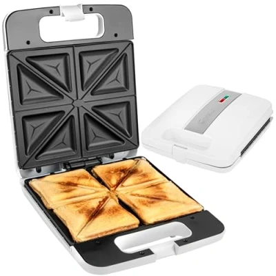 Imagen de Clatronic ST 3629 Sandwichera, sandwichera eléctrica, 4 rebanadas, placas triangulares para sandwich (recubrimiento antiadherente), control automático de temperatura, 1200 vatios, blanco