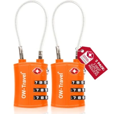 Imagen de OW Travel candado Combinacion Cable Acero Flexible Anti robo. maleta TSA numerico 3 Digitos. Candados mochila y maletas. Taquilla Gimnasio. seguridad equipaje Naranja 2