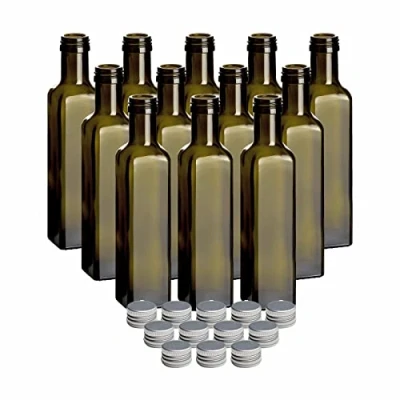 Imagen de gouveo Juego de 12 botellas cristal 250 ml, con tapón rosca, color plateado, botella vacía 0,25 l para rellenar, licor, vinagre, aceite