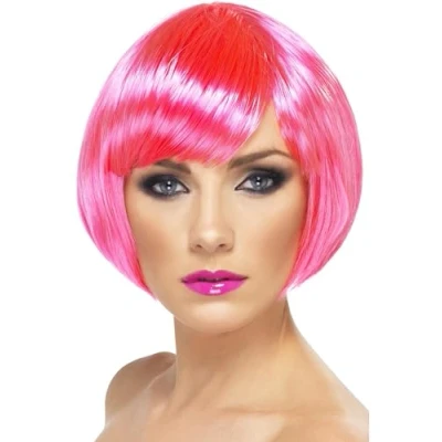 Imagen de Smiffys Peluca de chica bonita, rosada neón, corta, corte bob con flequillo