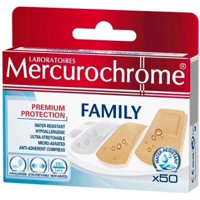 Imagen de MERCUROCHROME Apósitos Familia Primeros Auxilios De 3 Tamaños Diferentes 50 Ideales Para Toda La Color Carne y Transparentes