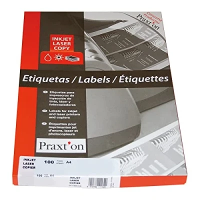 Imagen de PRAXTON Etiquetas Autoadhesivas Blancas A4, 210 x 297 mm, 1 etiqueta por hoja, 100 etiquetas, para imprimir, Caja x100 Hojas
